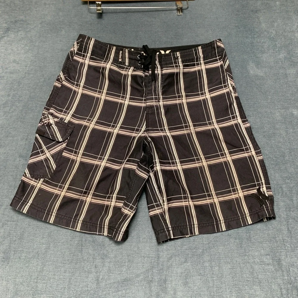 Hurley Board Shorts Mens 36W Black Plaid Comfort Cargo Pockets Logo Surfing